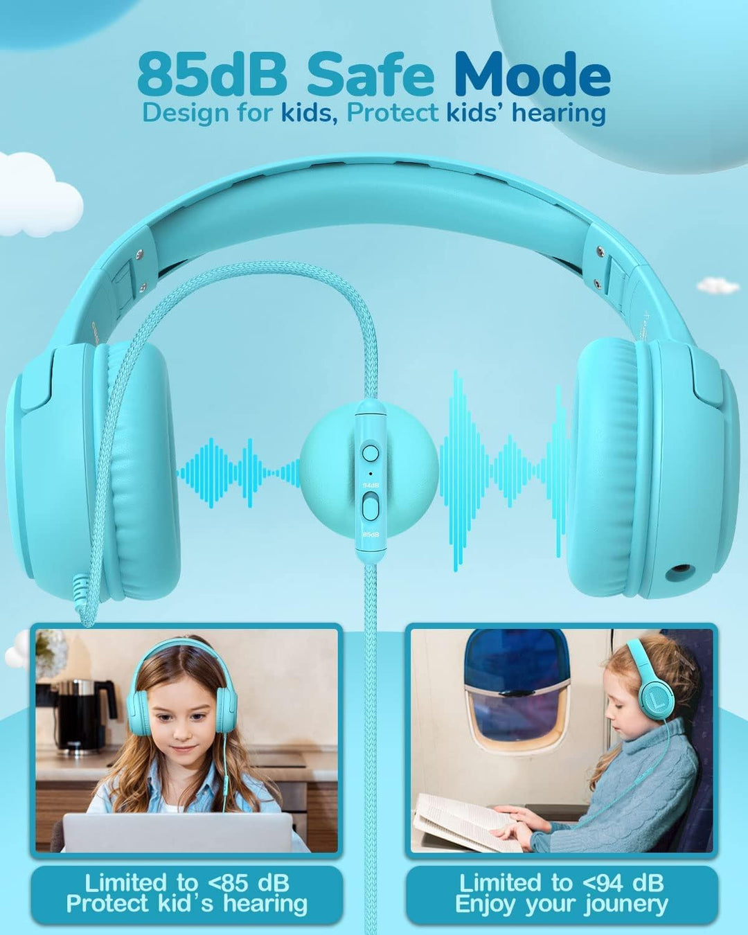 Kopfhörer Kinder, Kabel Kinderkopfhörer mit Mikrofon, Over Ear kopfhörer Kinder 85/94dB Lautstärkenb