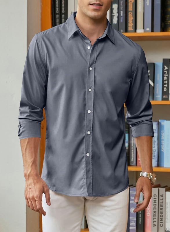 Herren Hemd Langarm Einfarbig Businesshemd Regular Fit Freizeithemd Elastisches Business Shirt S-XXL