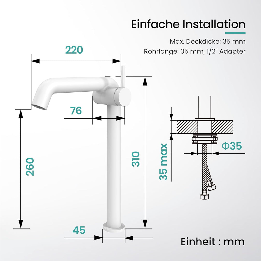 EMKE Wasserhahn Bad Weiss Matt, 332 x 220 x 76 mm, Messing, Keramikkartusche, Badarmatur, Wasserhahn