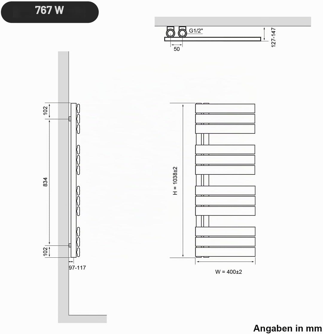 SONNI Badheizkörper Flach Handtuchtrockner 1038 x 400 mm Weiss Handtuchwärmer mit Multiblock Seitena