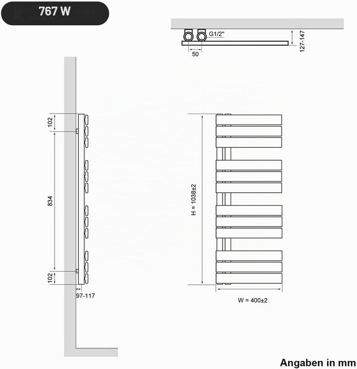 SONNI Badheizkörper Flach Handtuchtrockner 1038 x 400 mm Weiss Handtuchwärmer Seitenanschluss Panel