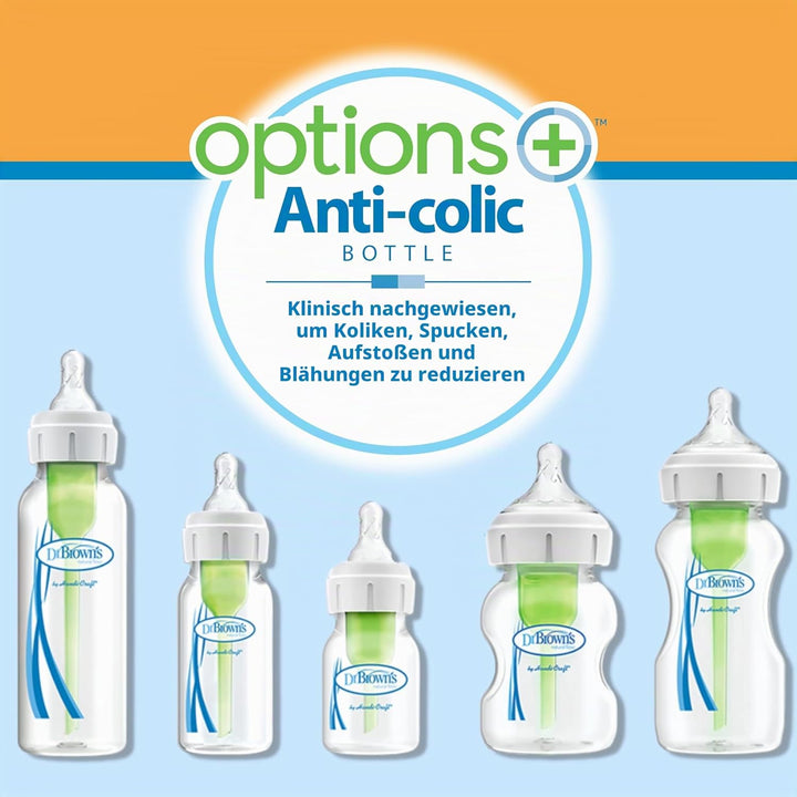 Dr. Brown's Natural Flow Anti-Colic Options+ Weithals-Glas-Babyflasche, 150 ml, mit Sauger Stufe 1,