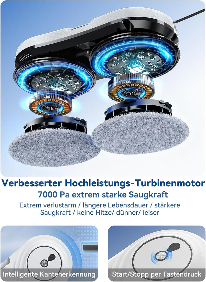 Fensterputzroboter mit Turbinenmotor, 7000 Pa Saugkraft Elektrischer Fensterroboter, ultradünn 63 mm