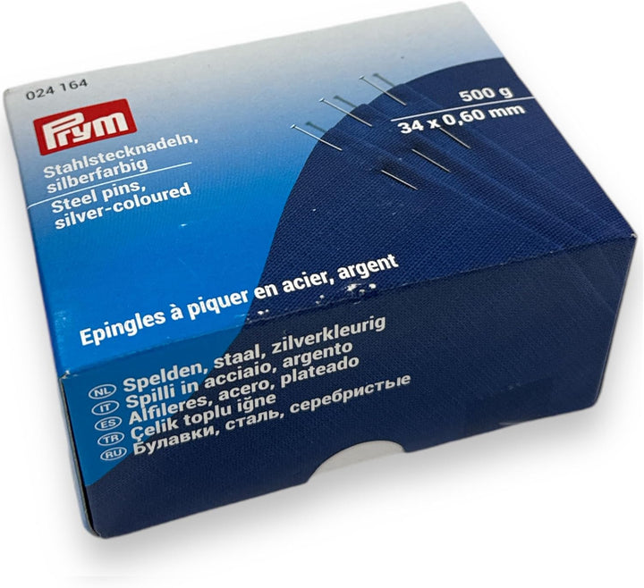 Prym Stecknadeln, 0,60 x 34mm, silberfarbig, 500g, Pappdose, Stahl, 34 x 0,6mm