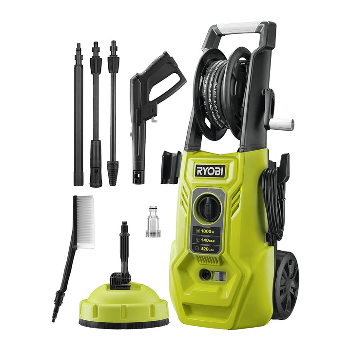 RYOBI RY110PWA-P Hochdruckreiniger - 130 bar 1800 W + 1 Mehrflächenbürste, 1 rotierende Bürste, 2 La