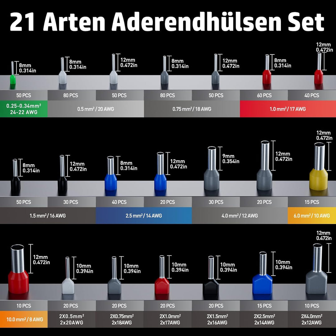 PEBA Crimpzange Aderendhülsen Set, Sechskant Crimpzange [0,08-10 mm²] mit 21 Arten Isolierte Aderend