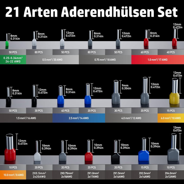 PEBA Crimpzange Aderendhülsen Set, Sechskant Crimpzange [0,08-10 mm²] mit 21 Arten Isolierte Aderend