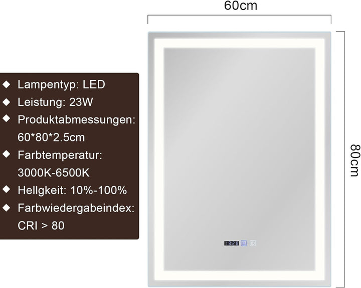 Badezimmer Spiegel Badspiegel mit Beleuchtung - LED Badezimmerspiegel 60x80 cm Wandspiegel Bad IP44