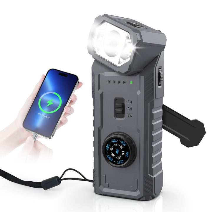 Gemmac Magnetic Kurbelradio, 2000mAh Akku Powerbank Kompass Wetter AM/FM/SW Fahrradradio,180° Drehba