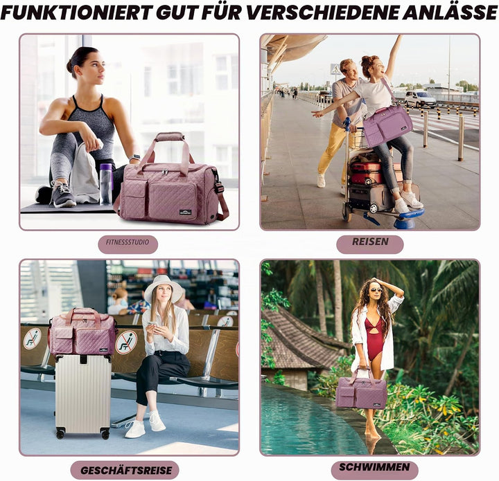 Sporttasche Damen，Reisetasche mit Nassfach und Schuhfach Wasserdichter Handgepäck Tasche, Weekender