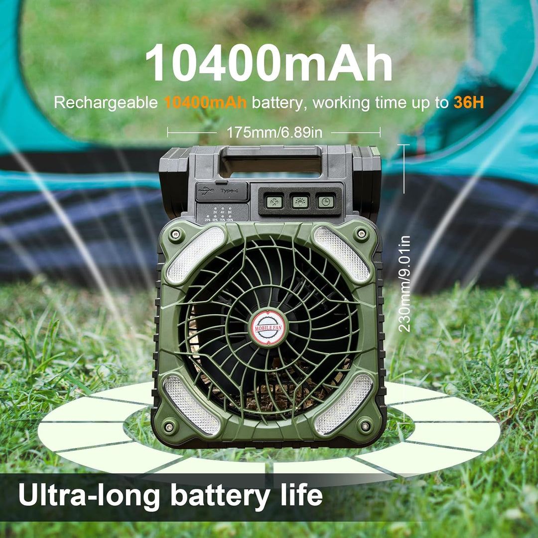 GY Solar Camping Ventilator mit LED-Licht & 10400mAh Akku – 4 in 1 Tragbarer Tischventilator, 4 Gesc