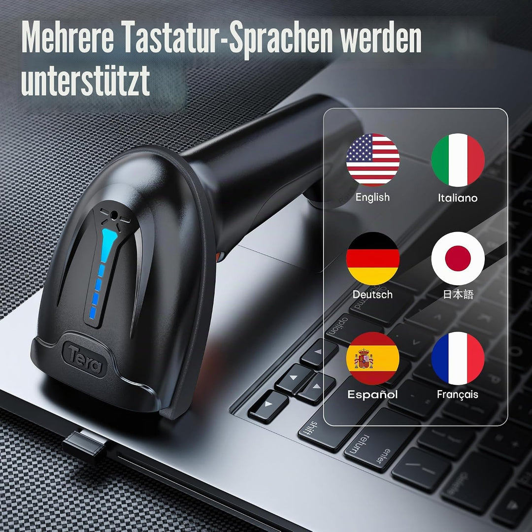 Tera Kabelloser Barcodescanner Handheld 1D Laser Wireless und USB Wired mit Akkustandsanzeige, Extra