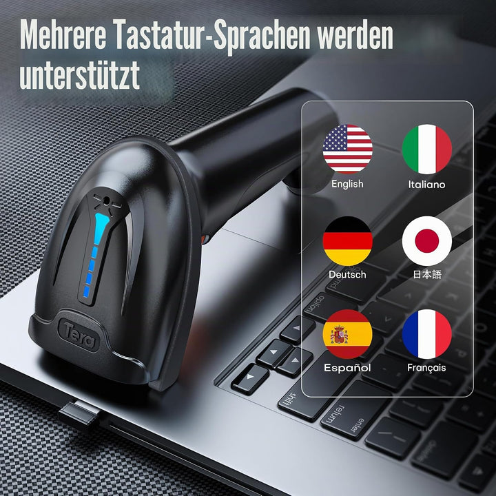 Tera Kabelloser Barcodescanner Handheld 1D Laser Wireless und USB Wired mit Akkustandsanzeige, Extra