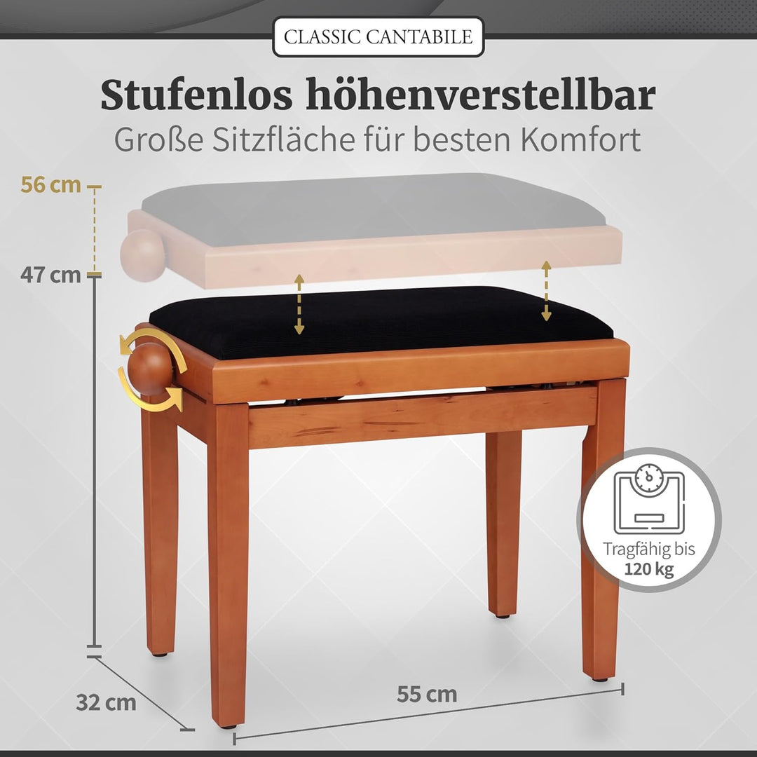 Classic Cantabile Pianobank Buche-matt (Höhenverstellbar von 47-56cm, Spindelmechanik, Sitzfläche 55