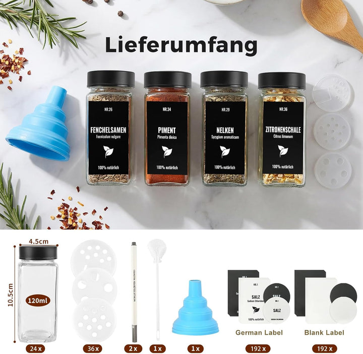 24pcs Gewürzgläser Eckig mit Edelstahldeckel, 120ml Glasbehälter mit Streueinsatz, Luftdichte Gewürz