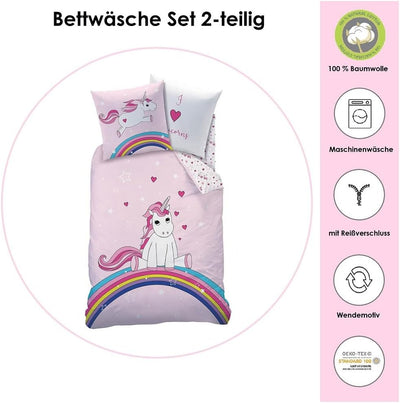 Familando Einhorn Bettwäsche Set 135x200cm | Rosa Flanell Bettwäsche Set 2-TLG. mit Reissverschluss