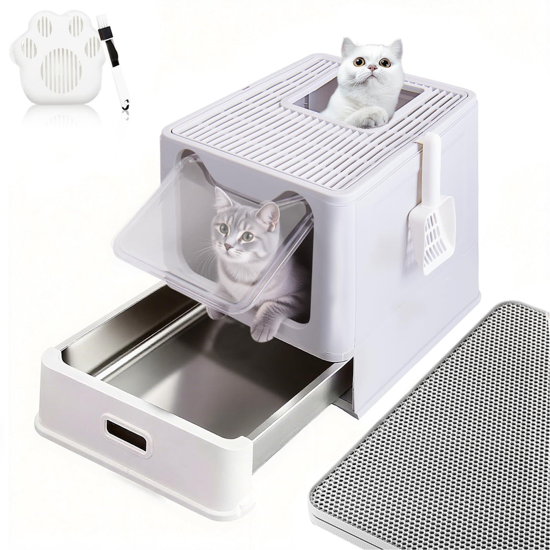 Katzentoilette, Edelstahl Katzenklo mit Deckel und ausziehbares Tablett, Hop in Katzenklo XXL mit Ka