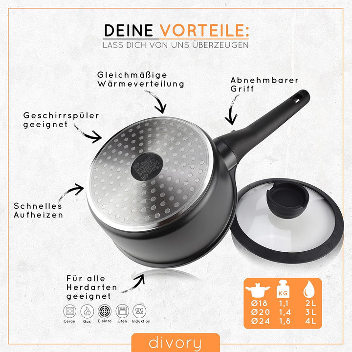 DIVORY Antihaft Kasserolle 18cm - 2L Stielkasserolle mit Deckel - Stieltopf klein - Milchtopf beschi
