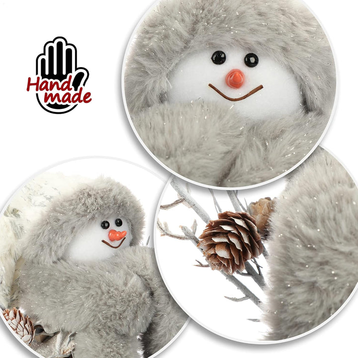 com-four® Schneemannfigur Grösse L Premium, winterliche Dekofigur mit Zapfenkörper aus Blättern, Han