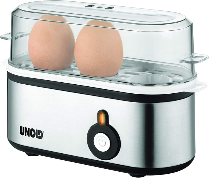 UNOLD 38610 Eierkocher Mini, Edelstahgehäuse, Eiereinsatz mit Griff für 1 bis 3 Eier, Signalton, Bet