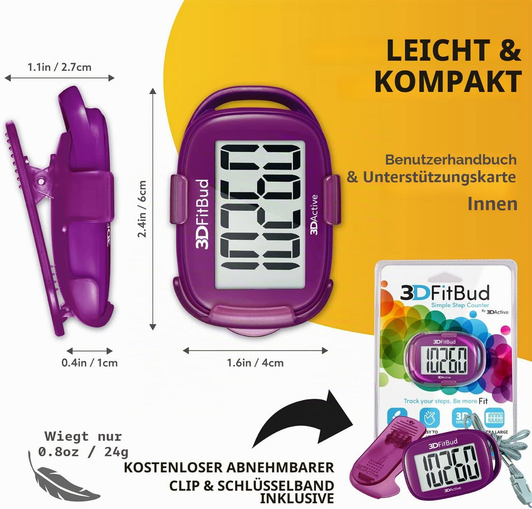3DFitBud Einfacher Schrittzähler 3D von 3DActive mit Clip Lanyard Präziser Schrittzähler Grosses Dis