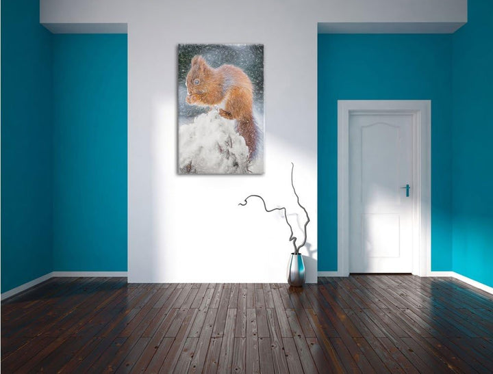 Pixxprint Kleines Eichhörnchen im Winter als Leinwandbild/Grösse: 100x70 cm/Wandbild/Kunstdruck/fert
