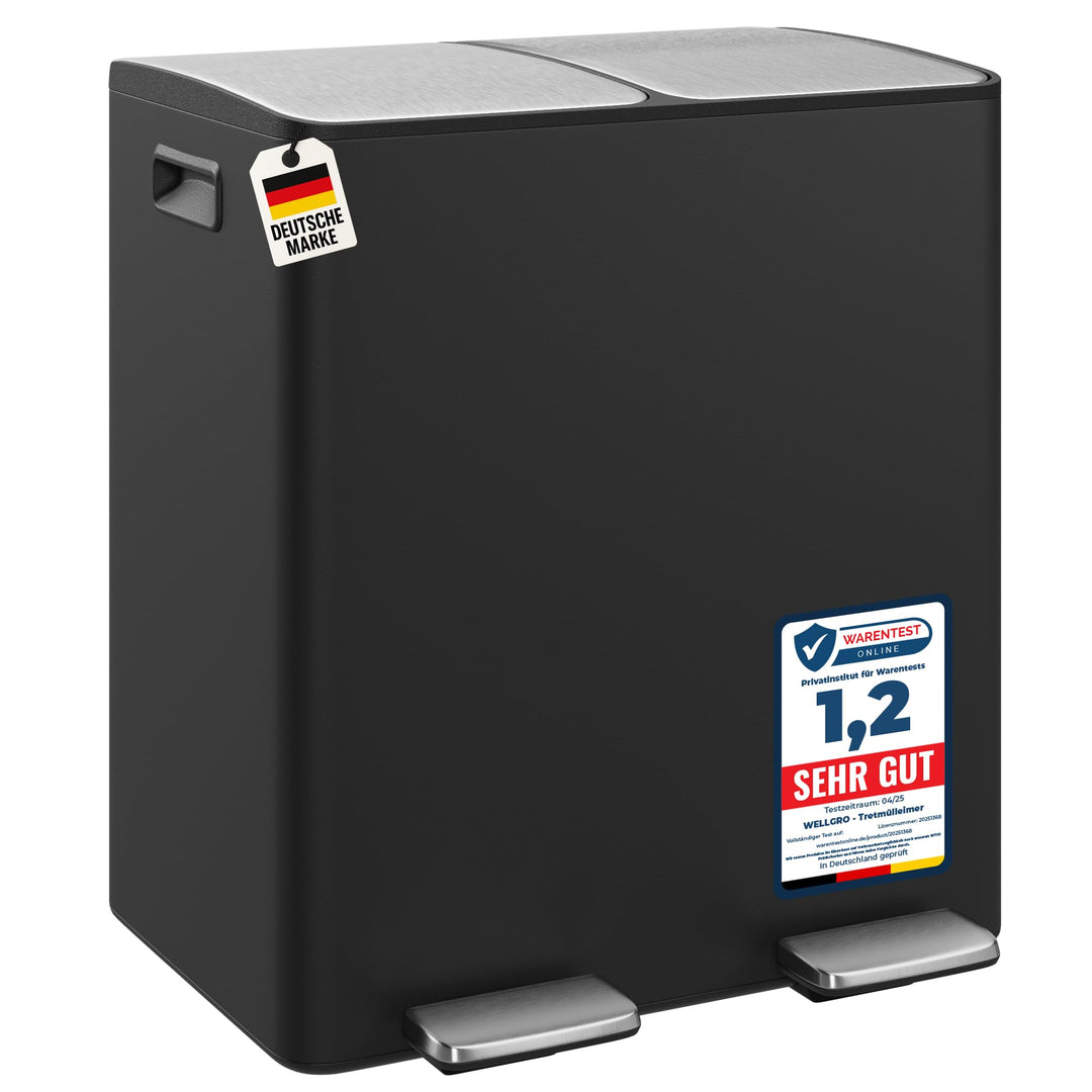 WELLGRO Mülleimer Küche 40 Liter - Edelstahl Tretmülleimer schwarz 2 Fächer, Mülltrennsystem 2 x 20