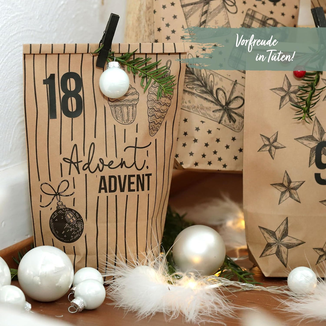 Papierdrachen Adventskalender 2025 zum Befüllen - 24 braune Geschenktüten mit Zahlenaufklebern - Mot