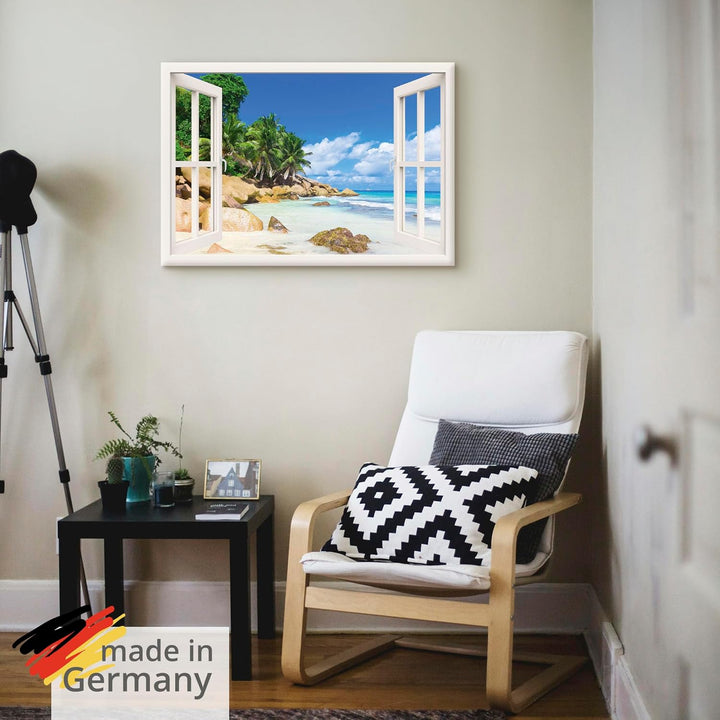 ARTland Leinwandbilder Wandbild Bild Leinwand 100x70 cm Querformat Fensterblick Strand Karibik Meer