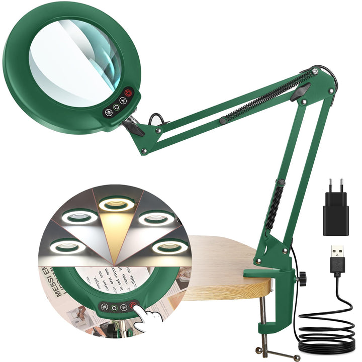 Veemagni 10X Echtes Glas Lupe mit Licht, 5 Farbmodi Stufenlos Dimmbar, Verstellbarer Schwenkarm LED
