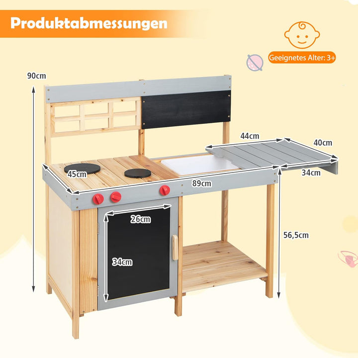 GOPLUS Kinderküche aus Massivholz, Stabile Matschküche mit Wasserbecken & Kreidetafel, Küche Spielse