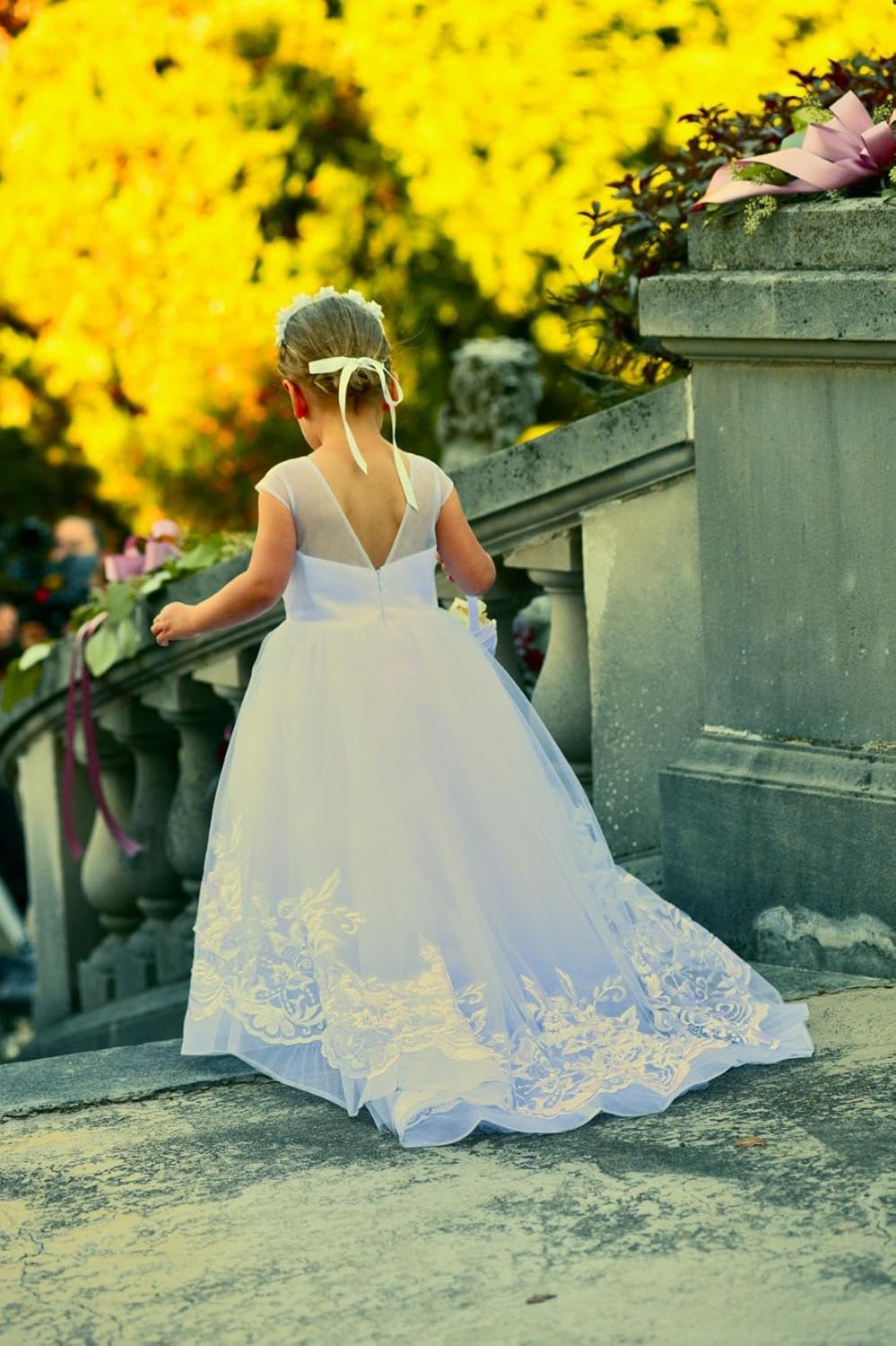 PLWEDDING Fancy Spitze Applikationen Blumenmädchen Kleid Kinder Hochzeitskleid Mädchen Prinzessin Tü