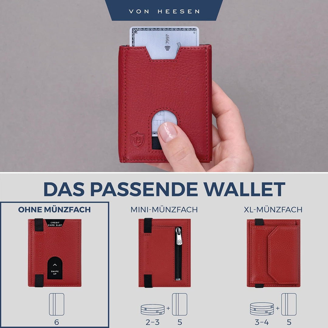 VON HEESEN Leder Slim Wallet - Geldbeutel mit RFID Schutz - Mini Geldbörse für Herren und Damen - Ka