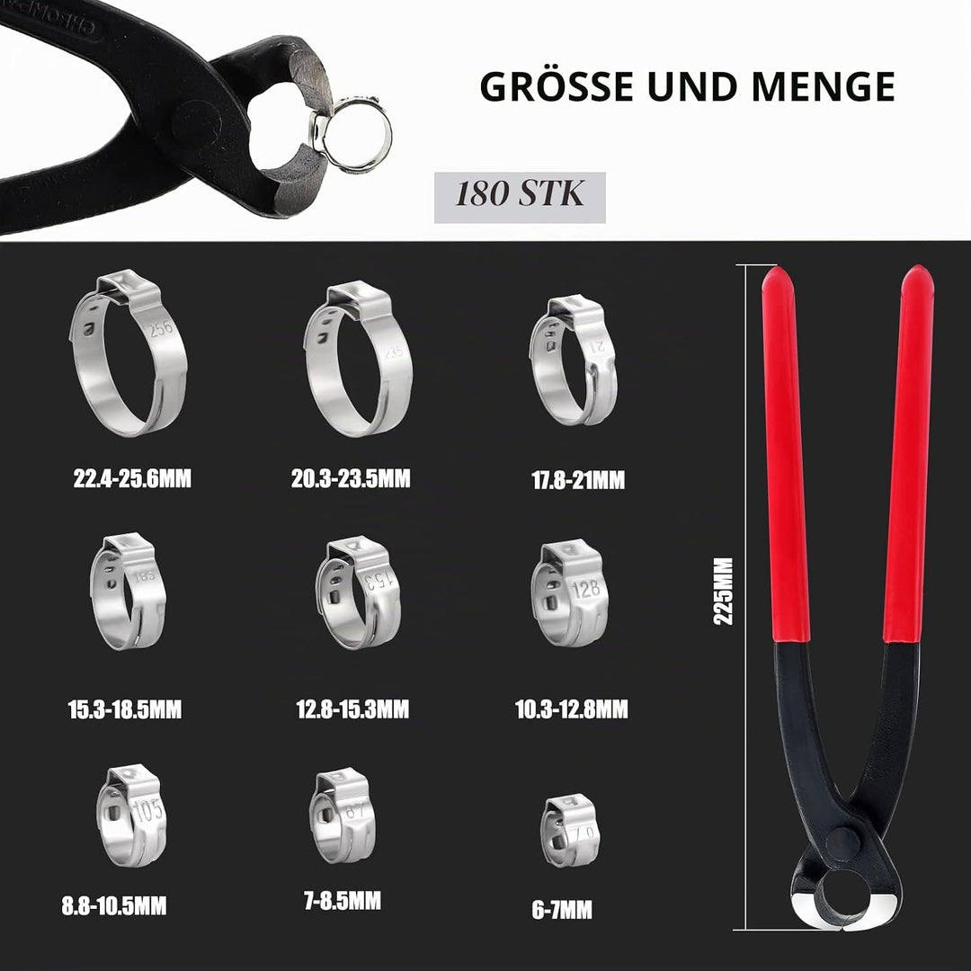 Knpwer 180 Stück 304 Edelstahl Einzelohr Stufenlos Schlauchschellen Set,6-25.6mm 9 Grössen Crimp Sch
