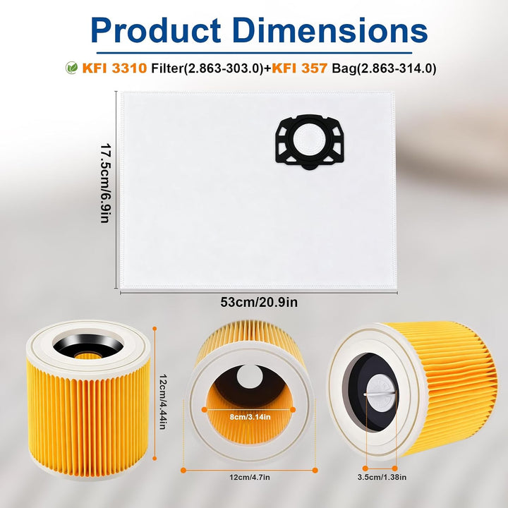 KFI 357 Staubsaugerbeutel + KFI 3310 Filter für Kärcher WD3 WD2/WD2 Plus