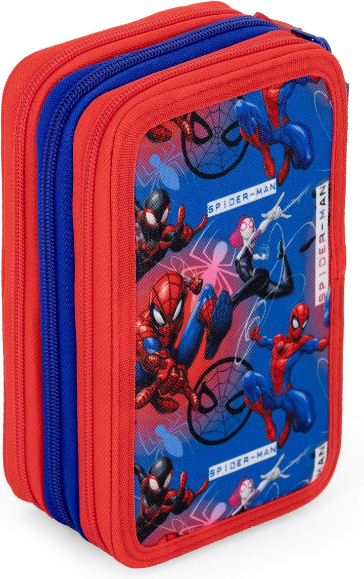 3-Fach Federmäppchen Jungen Gefüllt für Spiderman Fan – Schulmäppchen Set 46 Teile mit Radierbaren S