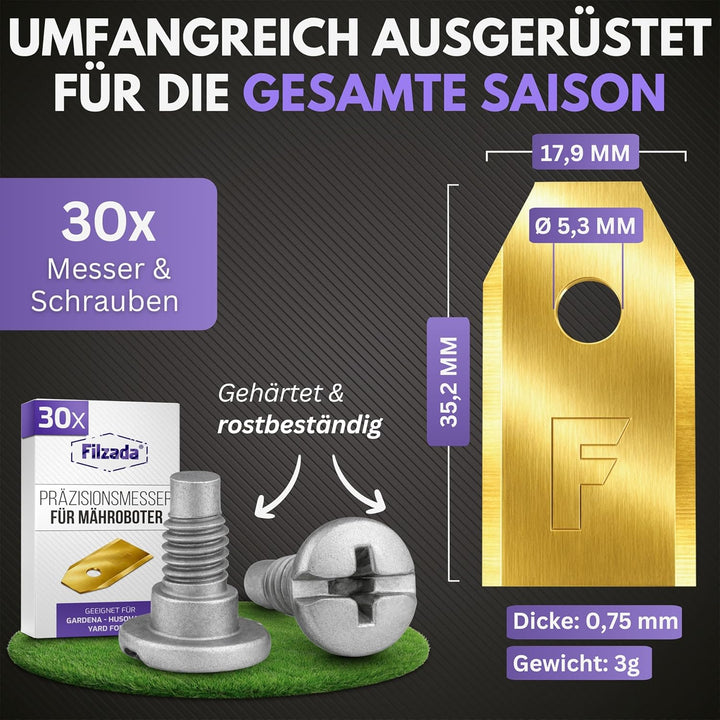 30x Titan Messer Klingen LONGLIFE geeignet für alle Husqvarna® Automower® / Gardena® Mähroboter - (3
