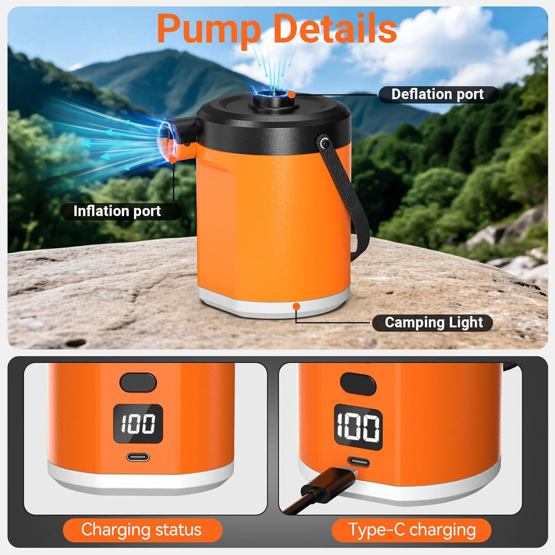 Elektrische Luftpumpe mit 5000-mAh-Akku, tragbare Luftpumpe mit 3 Düsen, inklusive Campinglampe, ele