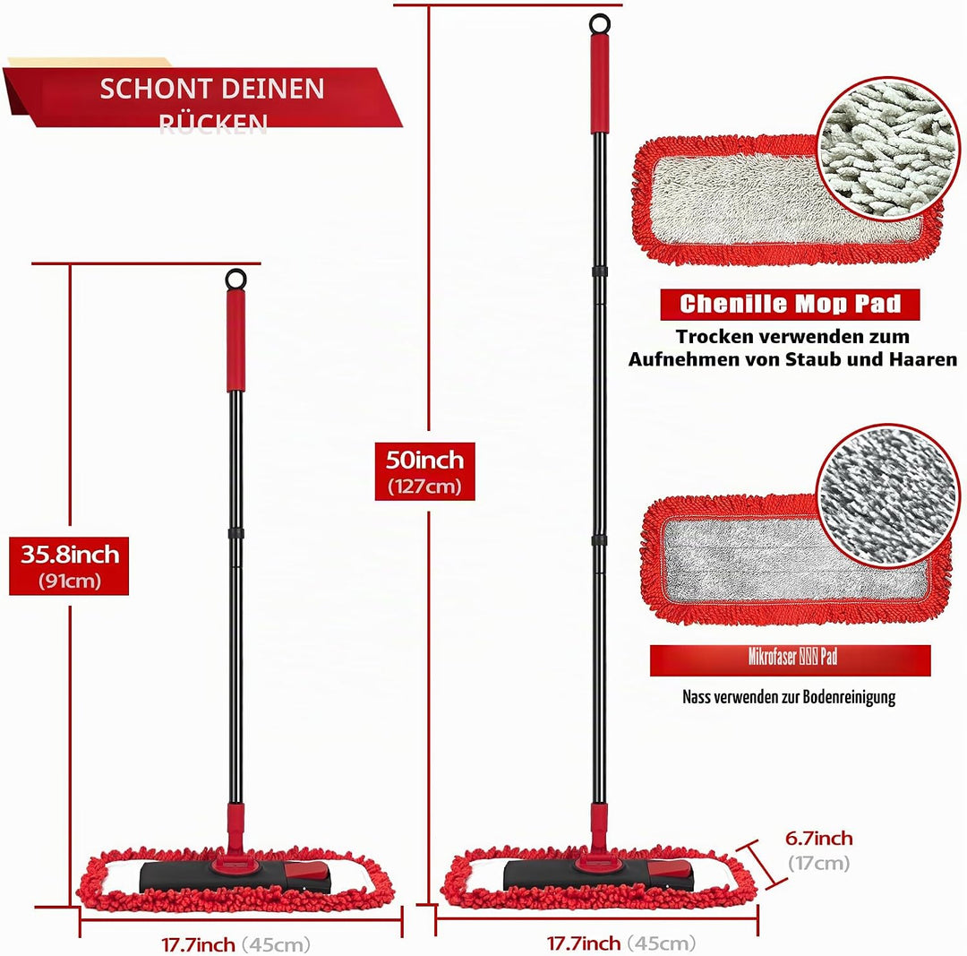 JEHONN Bodenwischer Wischmopp mit Mikrofaser & Chenille Pads, 127 cm Teleskopstiel Wischer Boden für