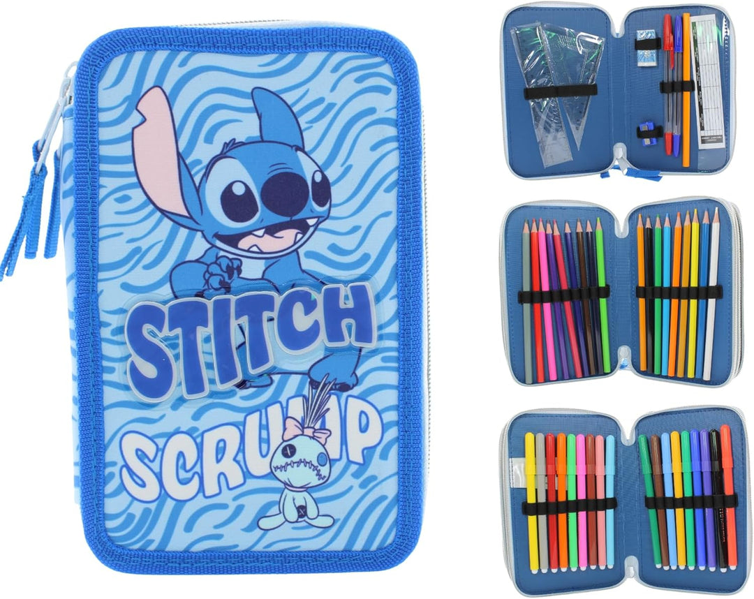 Lilo und Stitch Federmäppchen mit 3 Fächern für Mädchen und Jungen, Komplettes Stifte- und Farbenetu