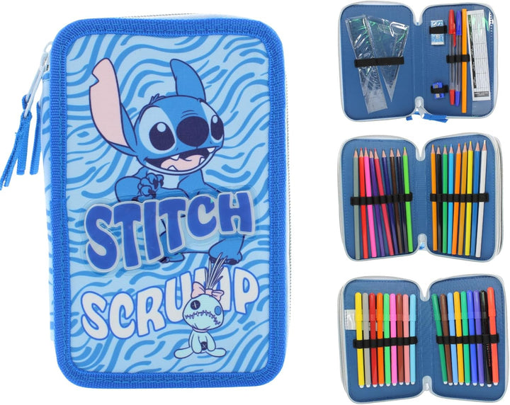 Lilo und Stitch Federmäppchen mit 3 Fächern für Mädchen und Jungen, Komplettes Stifte- und Farbenetu