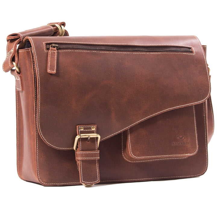 ALMADIH Leder Aktentasche Messenger *JON* handgefertigt aus robustem Premium Rindsleder braun Vintag