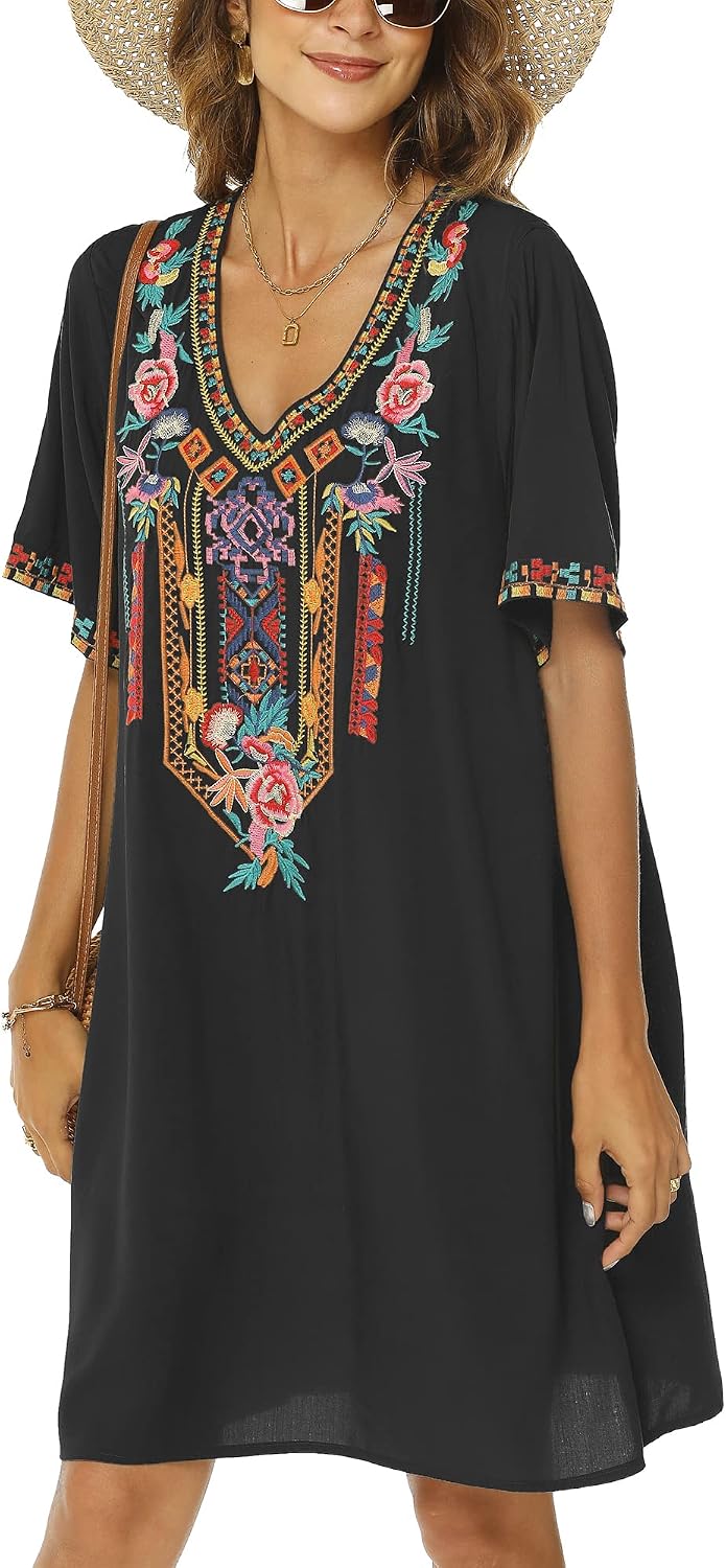 Vakakado Frauen Sommer Boho Mexican Peasant Dress Kurzarm Floral Bestickte Flowy Kleider Lose Hippie