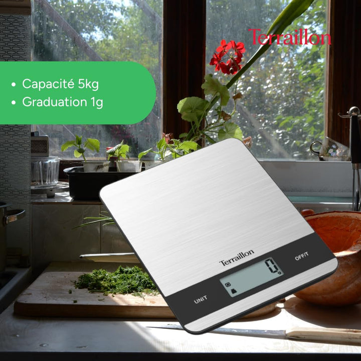 TERRAILLON - SLIM STEEL – Elektronische Küchenwaage, grosses LCD-Display, Edelstahlplatte, ultradünn