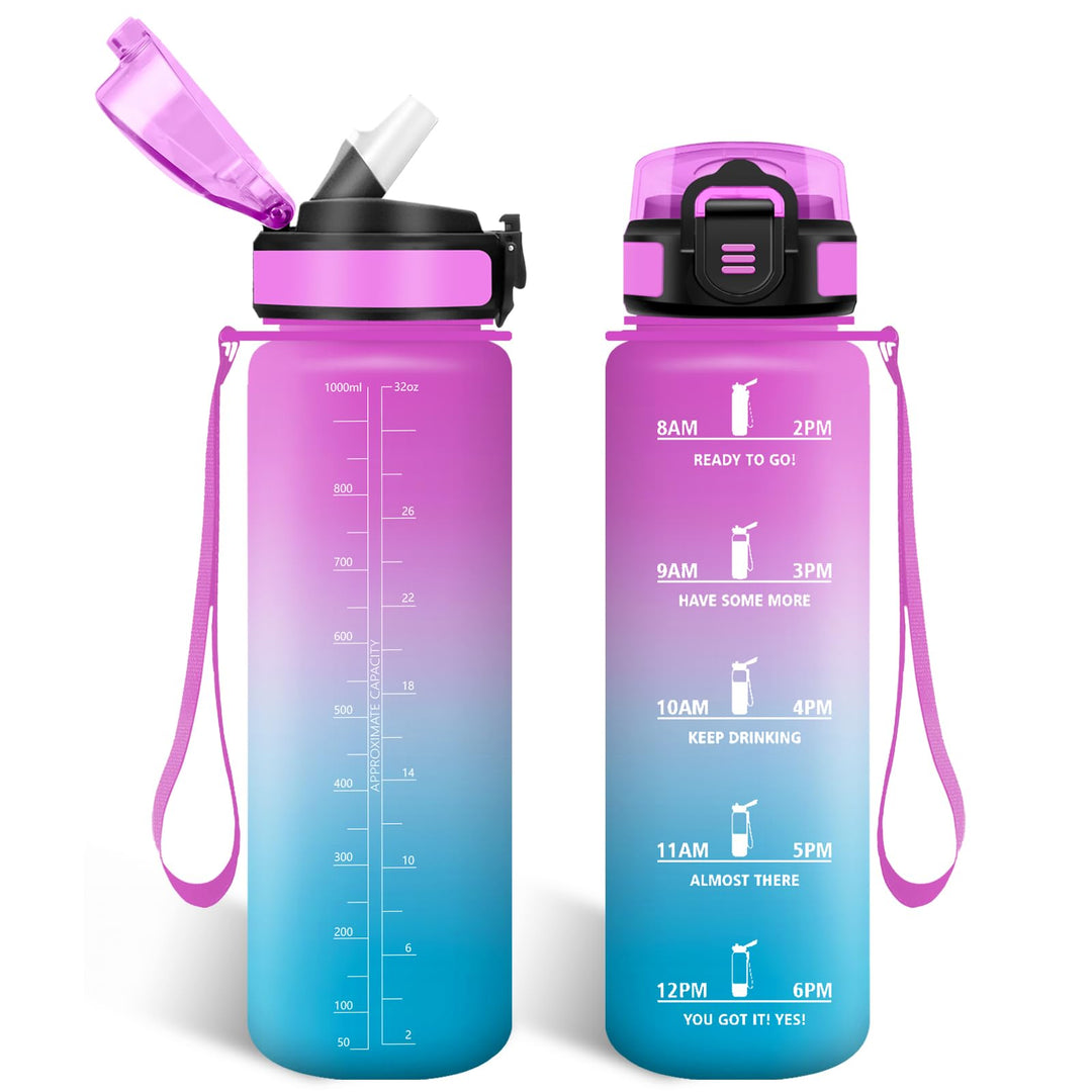 HoneyHolly Trinkflasche 1L mit Strohhalm, Trinkflasche Kohlensäure Geeignet, Wasserflasche Sport mit