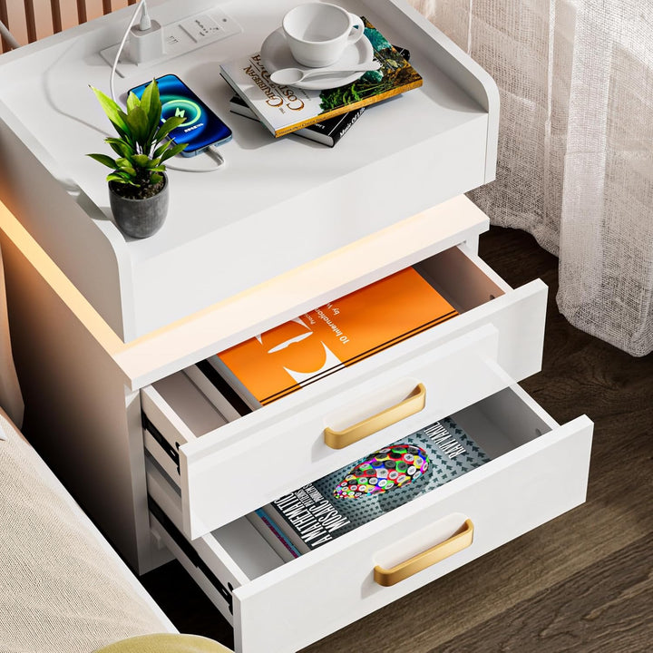 PIPIPOXER 2er Set Nachttisch mit LED, Nachtschrank mit Steckdosen und USB Anschlüsse mit 3 Schublade