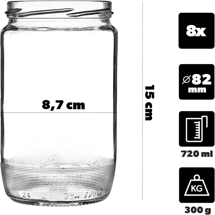 KADAX 8er Set Einmachgläser 720ml TO82, Grosse Sturzgläser mit Schraubdeckel, Einkochgläser Fermenti