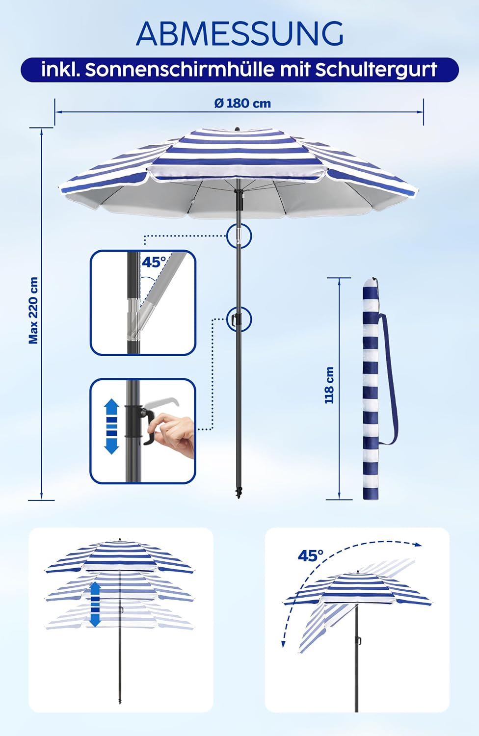 4smile Strandschirm SunnyJoy, Ø 180 cm Blau-Weiss - UPF 50+ Sonnenschirm Strand mit Hülle, Sonnensch