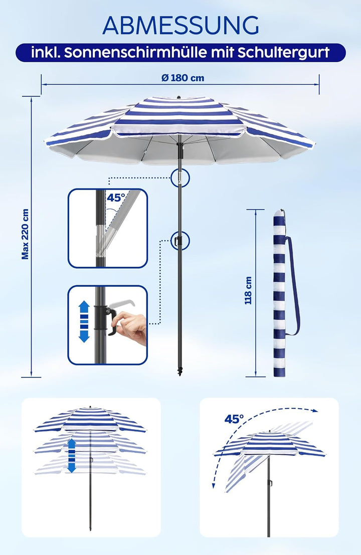 4smile Strandschirm SunnyJoy, Ø 180 cm Blau-Weiss - UPF 50+ Sonnenschirm Strand mit Hülle, Sonnensch