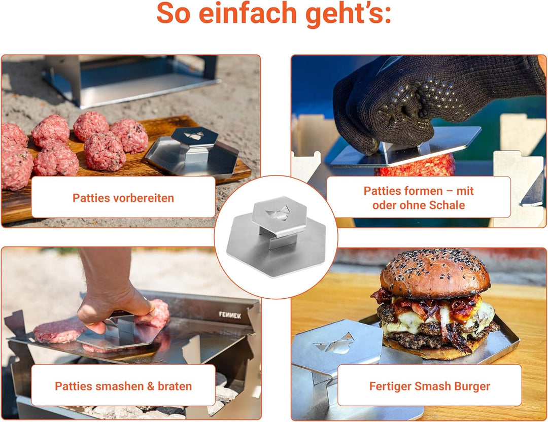 FENNEK Smasher I Grillpresse für Burger aus hochwertig geschliffenem Edelstahl I Werkzeug für Küche,